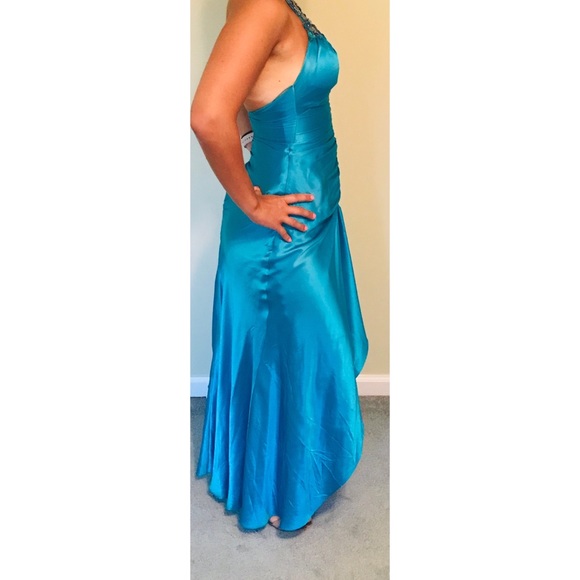 Turquoise Maxi Dress w/ Rhinestone Halter Neck - Picture 3 of 6
